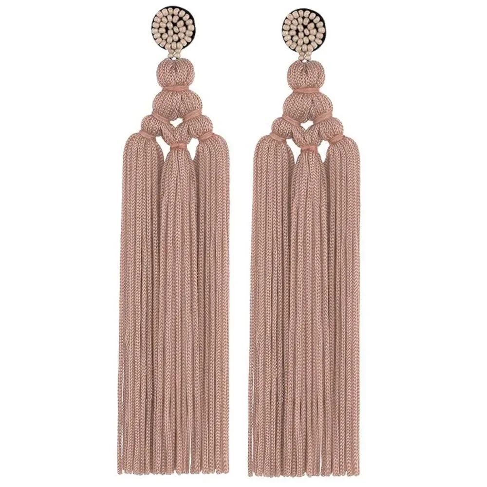 Long Tan Hand Woven Tassel Knot Fringe Boho Dangling Drop Post Back Earrings